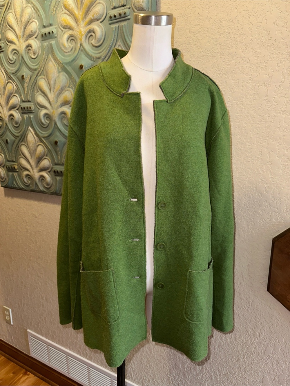 Eileen Fisher Woman Green Merino Wool Jacket 96% Wool Button Front Pockets 2X - Picture 2 of 11